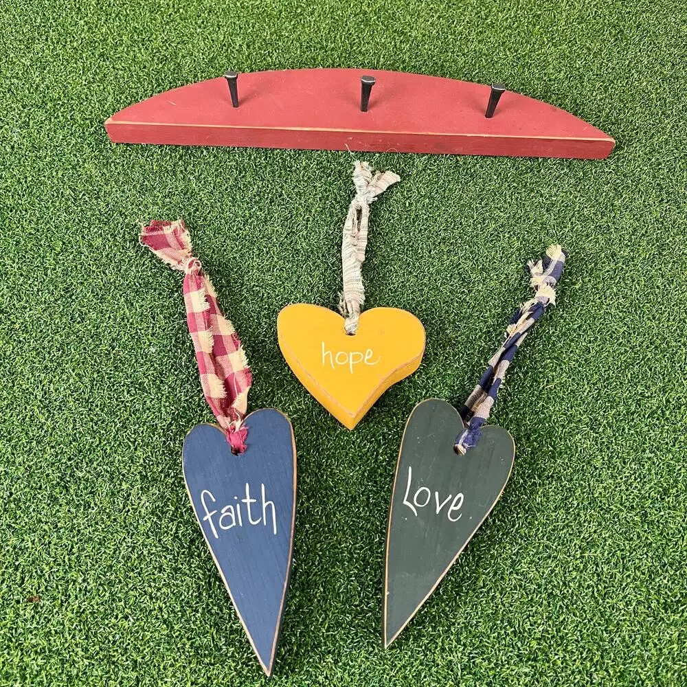 Primitive Folk Art Faith Hope Love Wood Heart Wall Hanging Country Americana